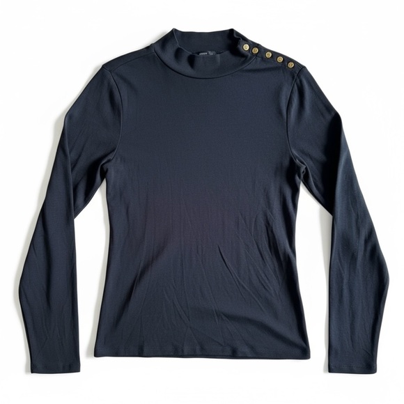 J. Crew Tops - New J. Crew Mock Neck Button Shoulder Black Cotton Long Sleeve Preppy Top Size L